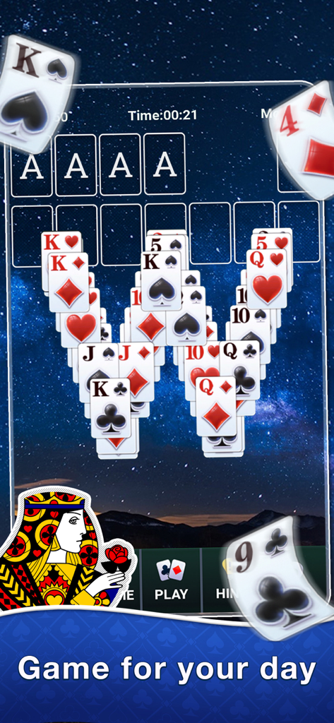 Solitaire-Brain Training - A game of Klondike Solitaire played on a beautiful starry night background with cards arranged in a W-shaped layout.