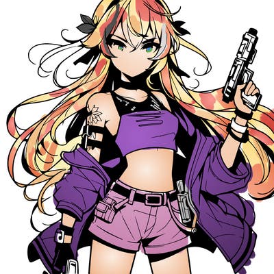 bad girl wearing crop top holding a gun long hair anime