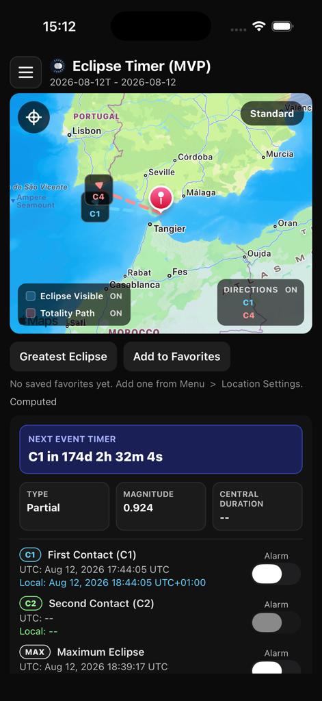 Eclipse Timer - Eclipse Timer app interface showing a map of the eclipse path and a live countdown to the next celestial event