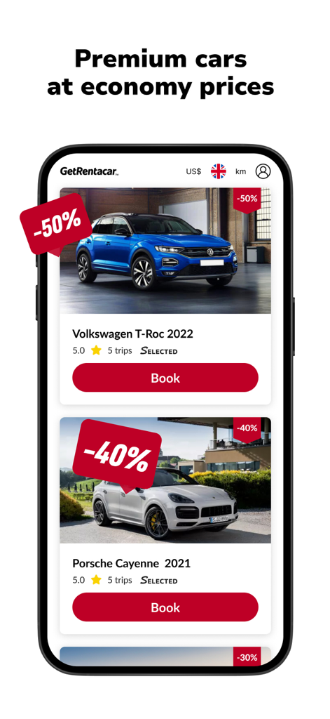 폭스바겐 및 포르쉐 모델의 할인 럭셔리 자동차 렌트 목록을 보여주는 모바일 앱 화면.