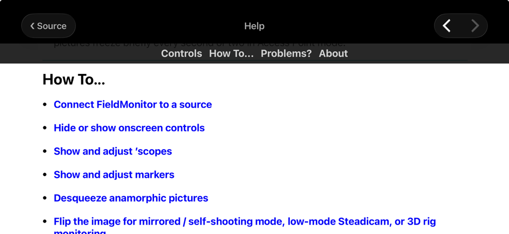 FieldMonitor - FieldMonitor app help interface showing various how-to topics for professional camera monitoring