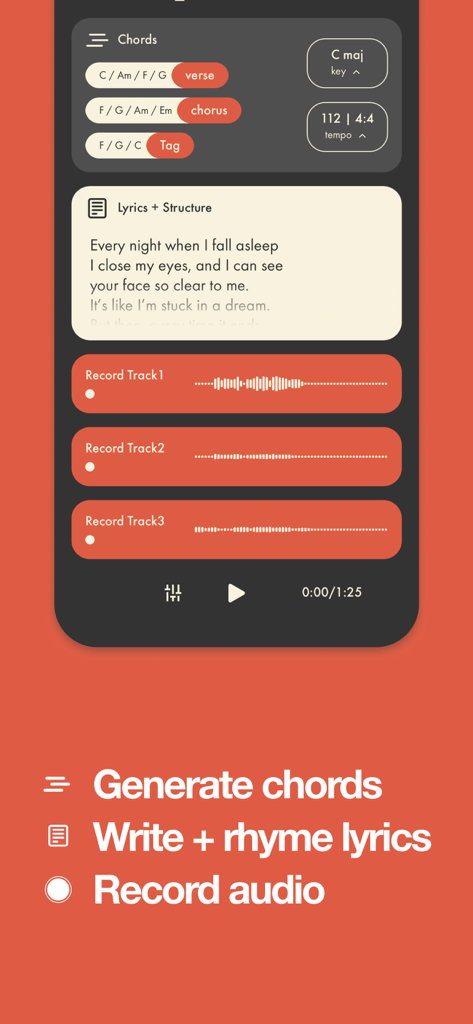 Demo songwriting studio app interface showing sections for chords lyrics and audio recording