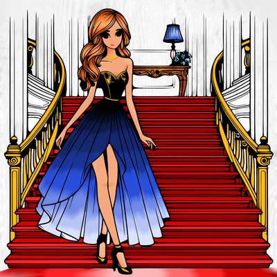 realistic style,girl,wearing fancy dress,tall,slim,walking down a fancy staircase