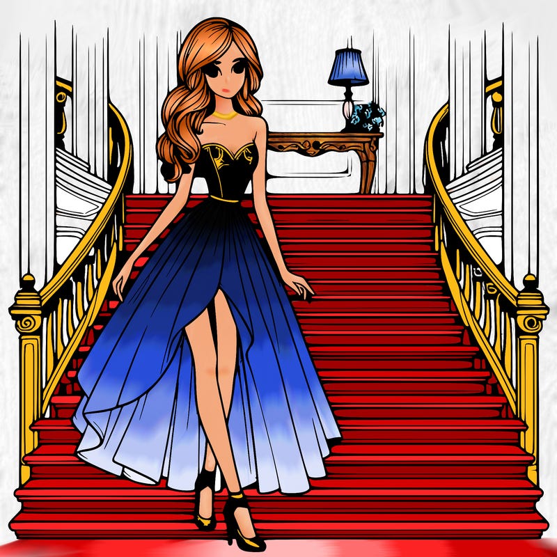 realistic style,girl,wearing fancy dress,tall,slim,walking down a fancy staircase