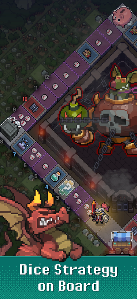 Heroll : Dice Roguelike - Herói em arte pixelada em um tabuleiro de estratégia com um dragão gigante