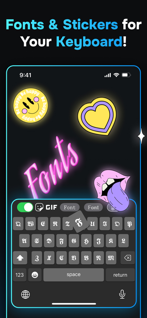 ChatPro - AI Chatbot Assistant - ChatPro AI Keyboard interface displaying custom fonts and creative stickers for mobile messaging