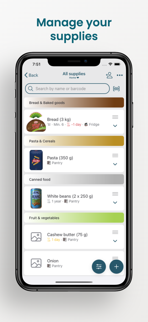 Pantrist - Shopping & Pantry - Screenshot of Pantrist app showing the manage your supplies screen with categorized food items like bread pasta and canned goods