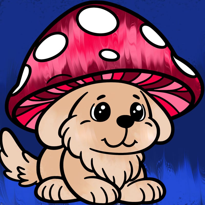 a dog in a mushroom hat