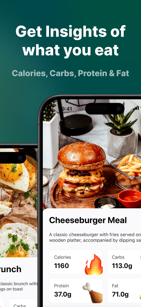 CALO #1 Cal & AI Food Tracker - Calo AI app interface displaying nutritional breakdown of a cheeseburger meal including calories and macronutrients