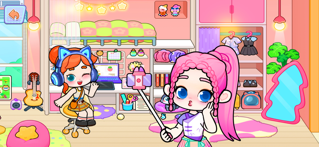 Game World: Life Story - Two cartoon characters in a pink bedroom with one taking a selfie.
