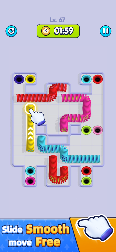 Colorful slinky springs being sorted into matching holes in a mobile puzzle game.