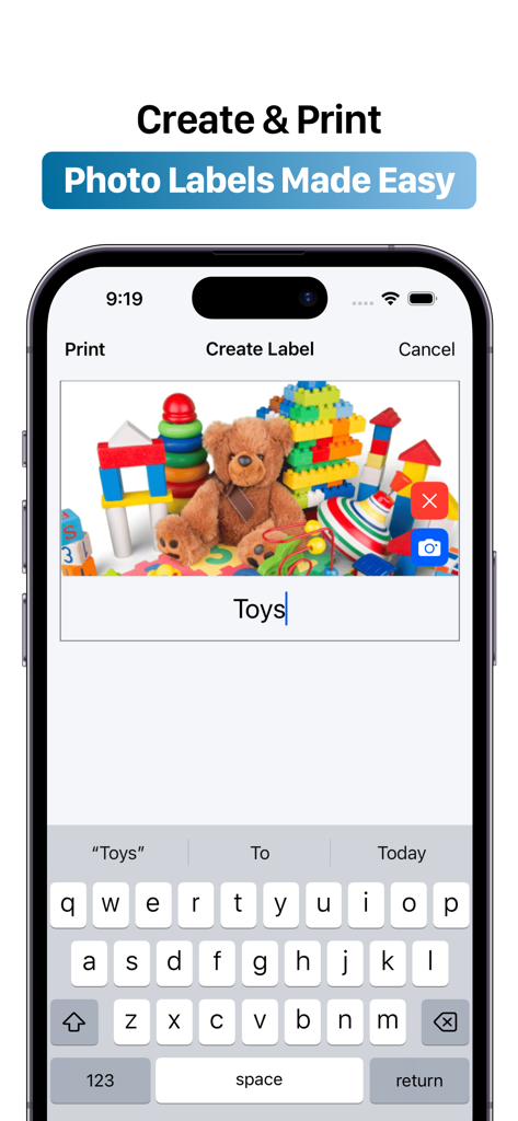 Creating a visual toy label in the Label Pics plus app using a photo and text input