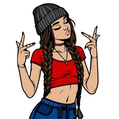realistic teenage girl with braids and a beanie and crop top doing 🫶🏼