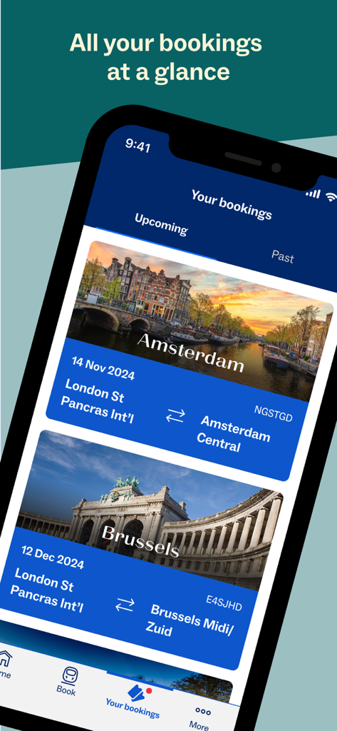 Eurostar: Train travel & Hotel - Interface of the Eurostar app showing upcoming train travel bookings to Amsterdam and Brussels.