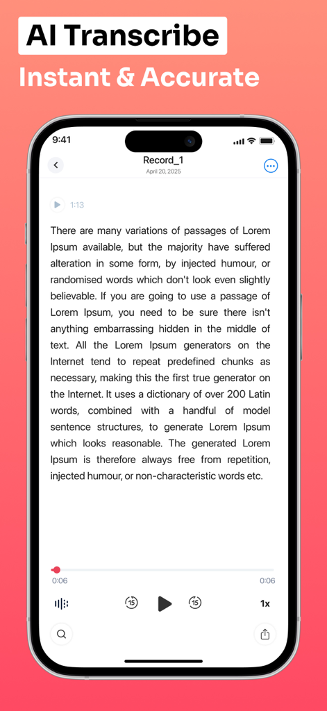 Transcribe it - Speech to Text - AI transcription interface showing text converted from an audio recording in the Transcribe it app