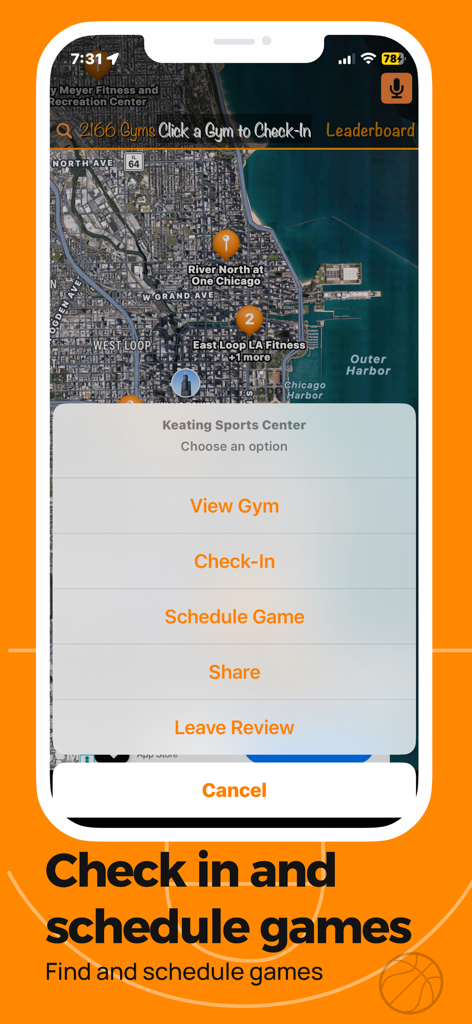 ATH - Pickup Basketball App - Map view of the ATH pickup basketball app showing gym check-in and game scheduling features