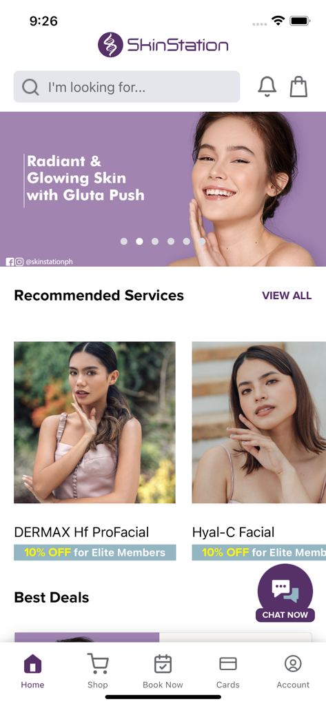 SkinStation mobile app home screen showcasing recommended facial treatments and skincare deals