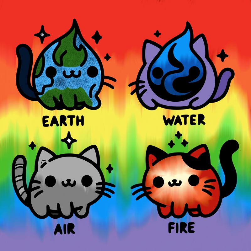 4 cats that represent the different elements, earth, water, air, and fire