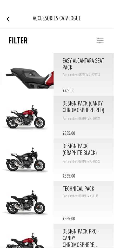 Catálogo de accesorios de la aplicación de motocicletas Honda que muestra asientos personalizados y paquetes de diseño con precios