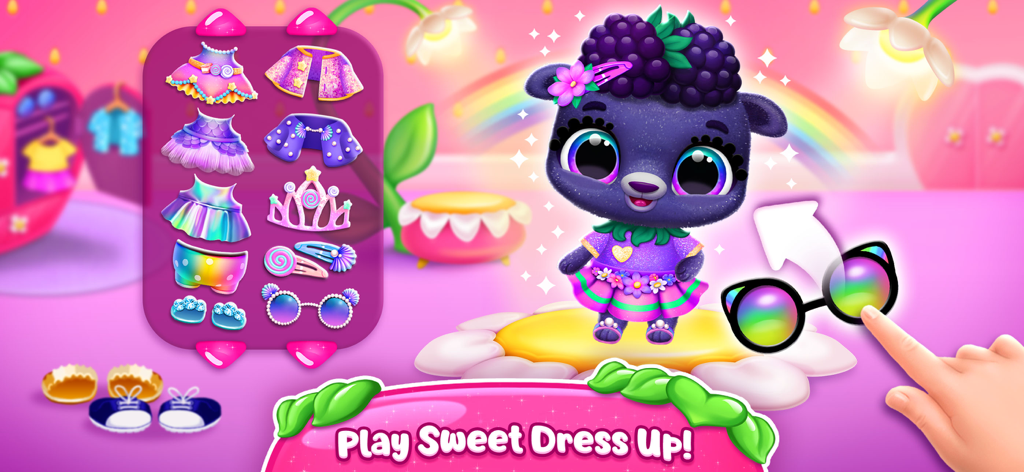 Fruitsies - Pet Friends - A cute purple blackberry pet character being dressed up with rainbow glasses and colorful outfits in the Fruitsies app.