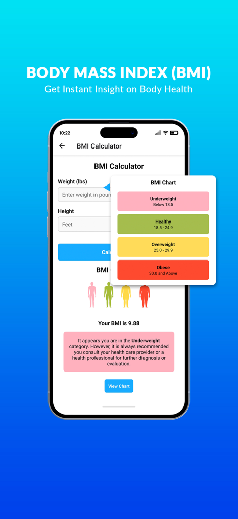 Calculadora de IMC en la aplicación Pill Identifier que muestra entradas de peso y altura y un gráfico de categorías de salud