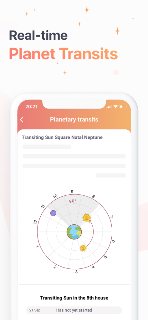 Daily Horoscope App 2024 - Capture d'écran de l'Application Horoscope Quotidien montrant les transits planétaires en temps réel et une interface détaillée de thème astral astrologique.