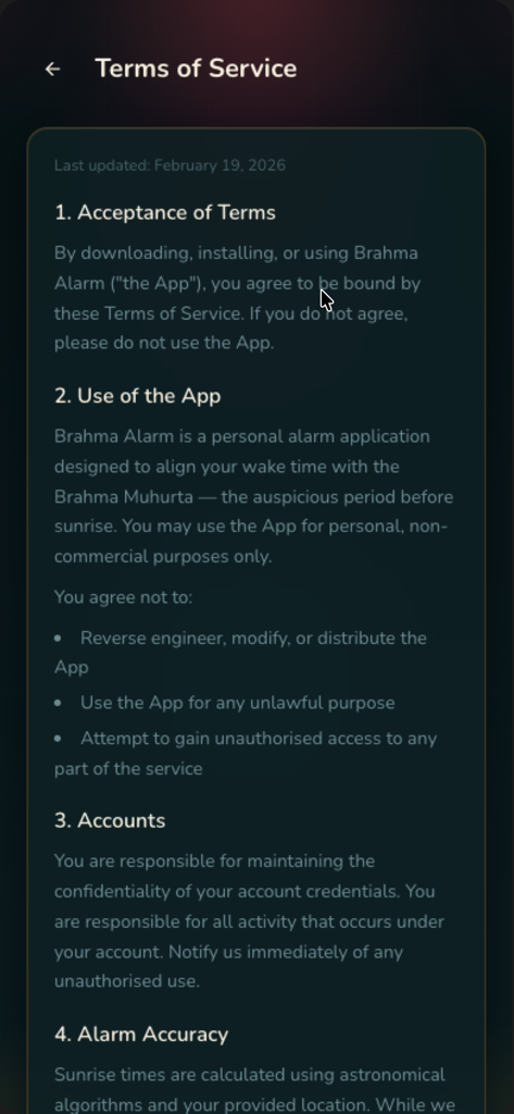 Brahma Alarm - Brahma Alarmモバイルアプリの利用規約ページ。利用規約の同意とアカウントの責任に関するセクションが表示されています。