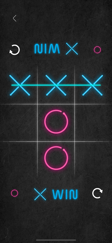 XO - Tic Tac Toe - 2 Player - A neon-style Tic Tac Toe game screen showing three blue Xs in a horizontal row indicating a win against pink Os.