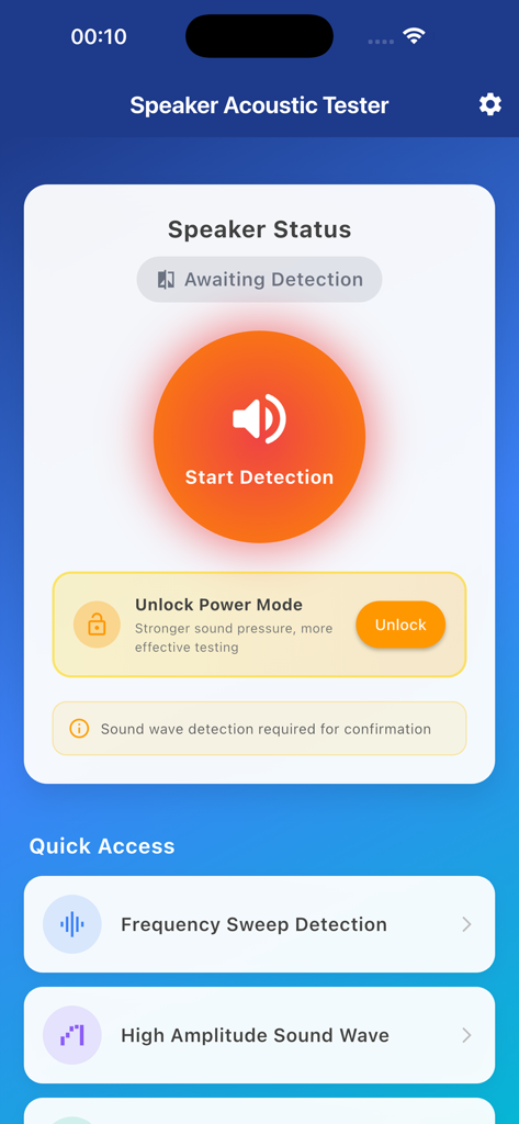 Speaker Test – Moisture & Dust - Main interface of the Speaker Test app showing acoustic detection and speaker status options