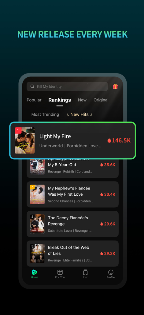 iDrama: Stream Movies & TV - Écran Classements de l'application iDrama montrant les titres de drames courts tendances et les nouvelles sorties hebdomadaires.
