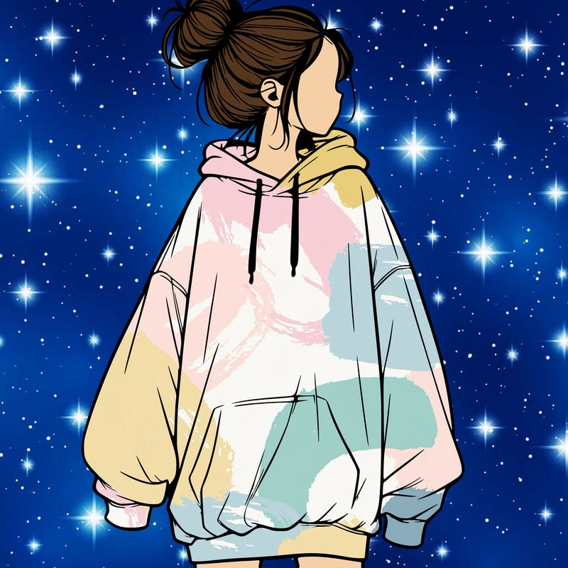 realistic girl with a oversized sweatshirt on and a bun