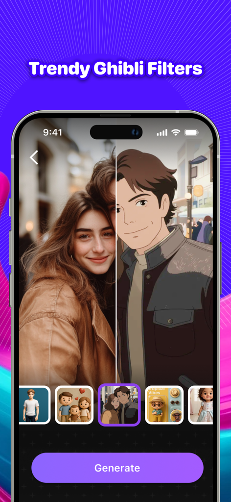 ArtFlow-AI Video Image Maker - ArtFlow app interface showing a real photo compared with its AI generated Ghibli anime version.