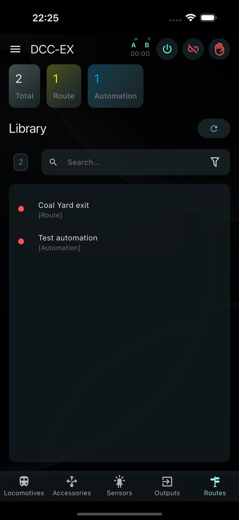 DCC-EX Cab app interface showing the routes and automation library for model railroad control