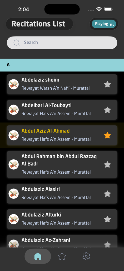 A list of Quran reciters on the Telawat app interface featuring a search bar and dark mode theme