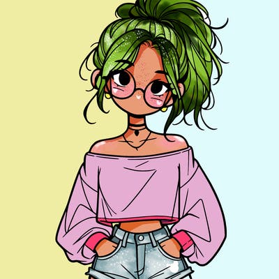 girl with a messy ponytail glasses a baggy crop top and jean shorts