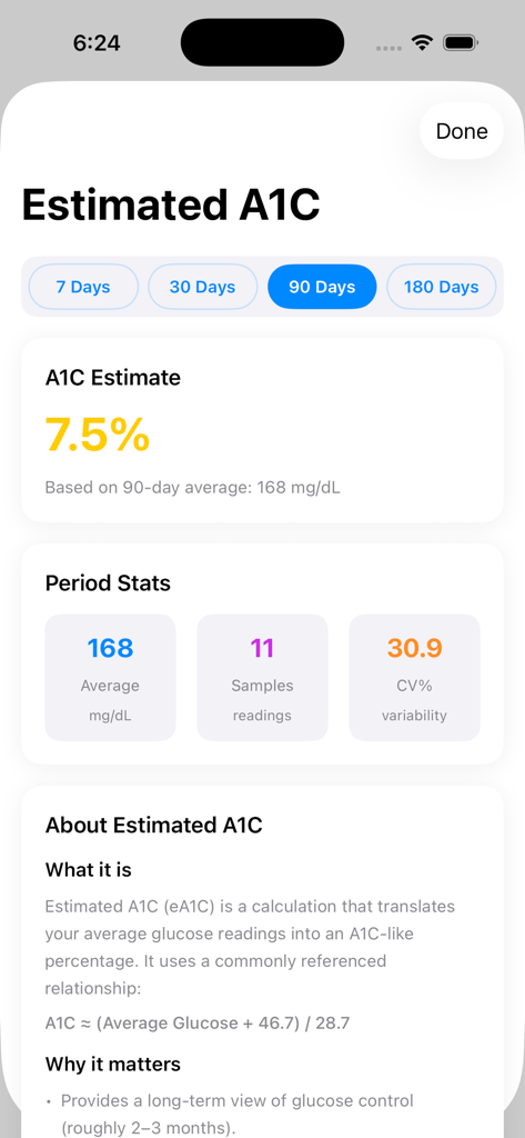 Blood Sugar Monitor & Tracker - A mobile app screen showing an estimated A1C of 7.5 percent based on a 90 day average with period statistics including average glucose and variability.