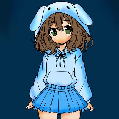 pretty anime girl wearing a fluffy hoodie with bunny ears on the hood and a skirt