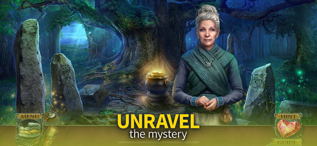 Un'anziana donna in piedi in una foresta mistica con un pentolone d'oro in Immortal Love Treasure.