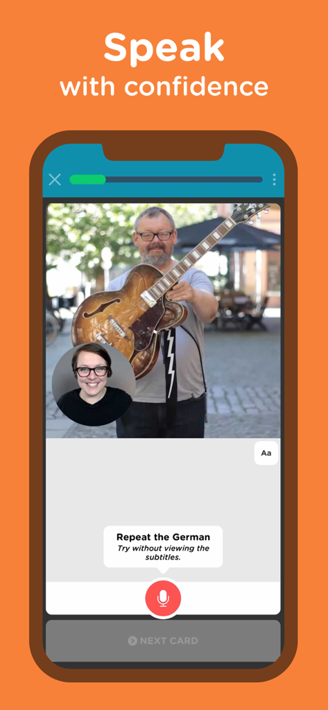German language learning app interface for speaking practice with a native speaker video
