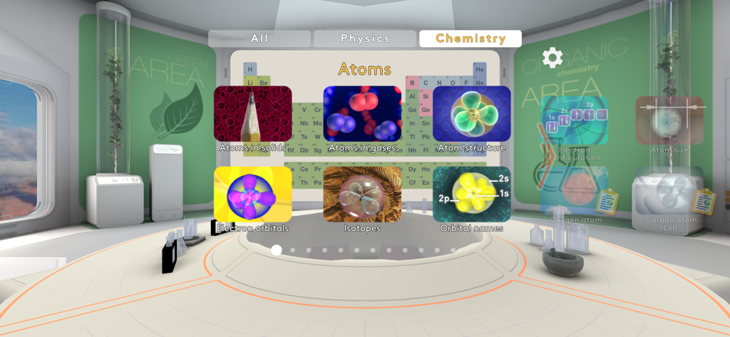 MEL VR Science Simulations - Virtual reality interface showing chemistry lessons on atoms and orbitals in a digital laboratory.
