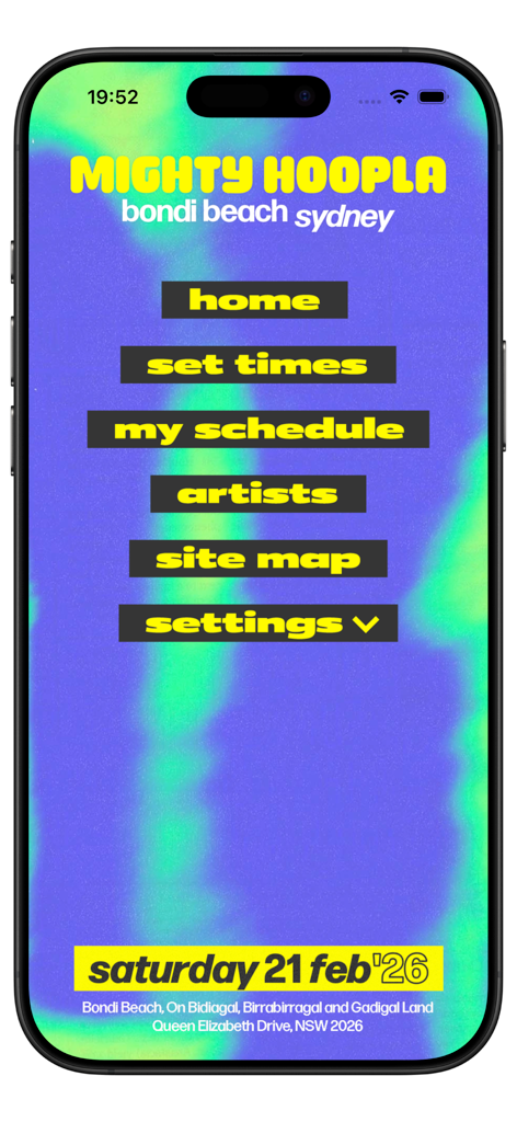 Mighty Hoopla 2026 - Tela inicial do aplicativo Mighty Hoopla 2026 para o evento Bondi Beach em Sydney, mostrando opções de menu como horários e artistas