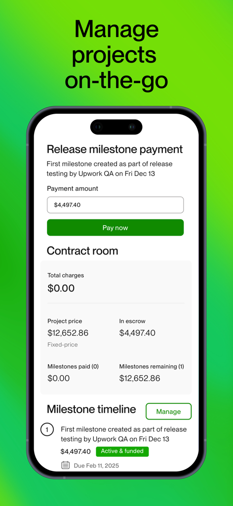 Upwork - Upwork app interface showing project management features and milestone payment release options