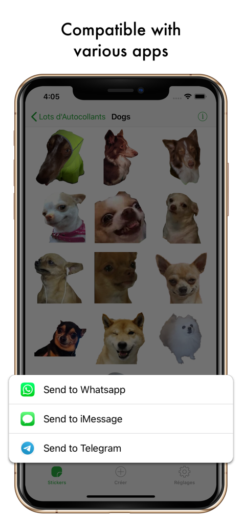 Top Sticker Maker - WaSticker - iPhone screen showing a collection of dog stickers and options to send them to WhatsApp iMessage and Telegram