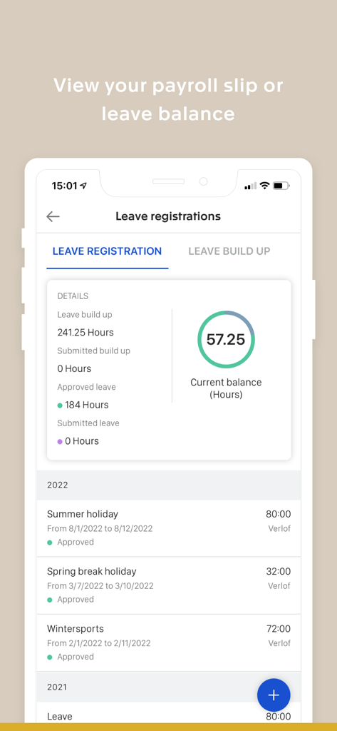 Exact Online - Écran de l'application mobile Exact Online montrant l'enregistrement des congés des employés et le solde actuel