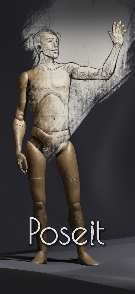 Poseit - A 3D wooden mannequin transitioning into a detailed character sketch in the Poseit app