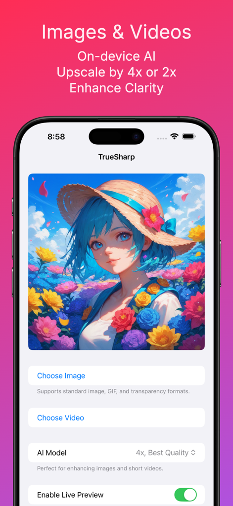 TrueSharp - TrueSharp App-Oberfläche mit Optionen zur Hochskalierung von Bildern und Videos mittels On-Device-KI
