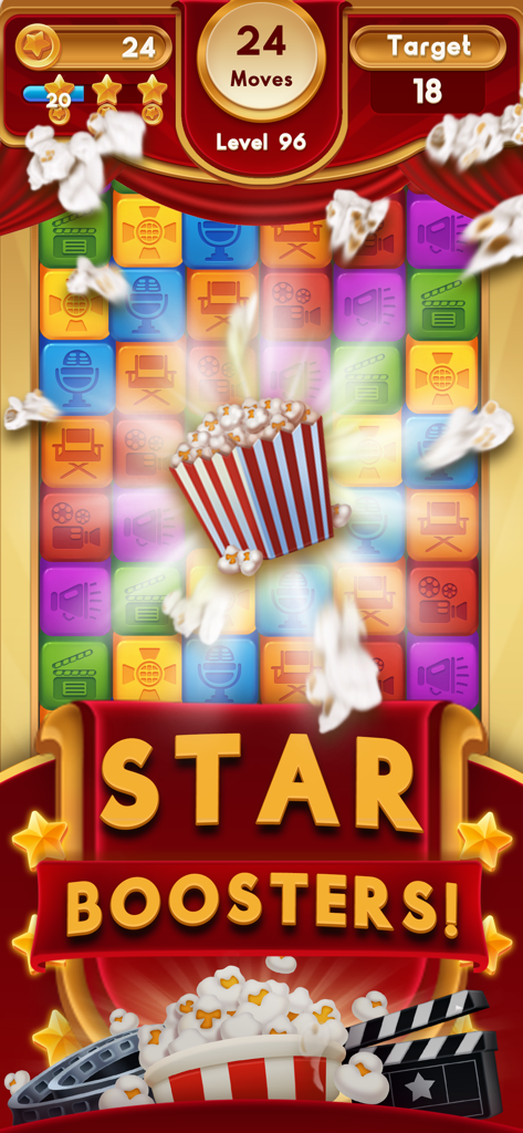 Lights, Camera, Blast! - Lights Camera Blast puzzle game interface showing a popcorn bucket star booster on a cinematic themed grid