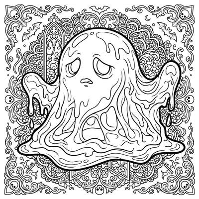 Dive into a world of gothic charm with this unique gelatinous blob coloring page. This intricate design features a delightfully sad monster amidst ornate Victorian patterns, perfect for those who love a spooky artistic challenge.