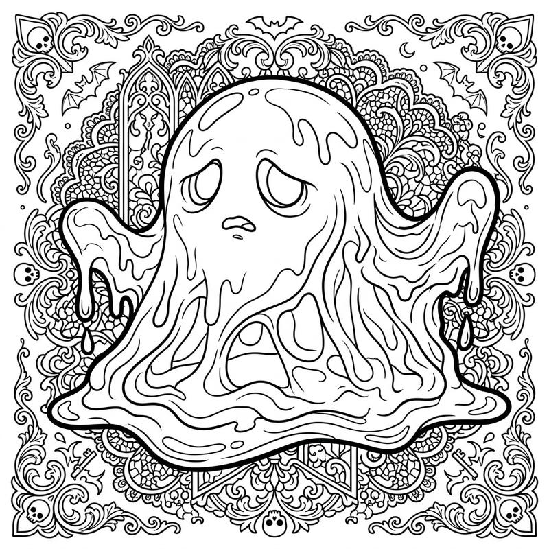 Dive into a world of gothic charm with this unique gelatinous blob coloring page. This intricate design features a delightfully sad monster amidst ornate Victorian patterns, perfect for those who love a spooky artistic challenge.
