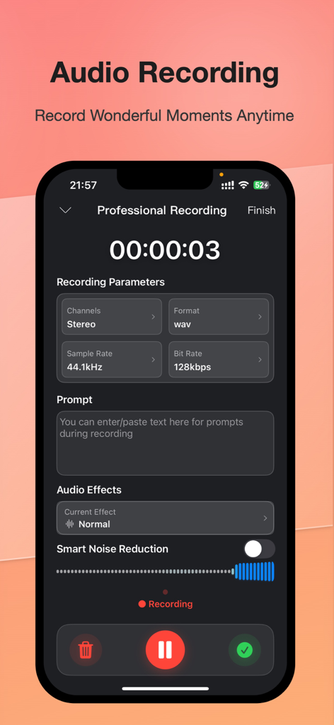 Interface d'enregistrement audio professionnelle montrant les paramètres du débit binaire, de la fréquence d'échantillonnage et de la réduction de bruit intelligente.